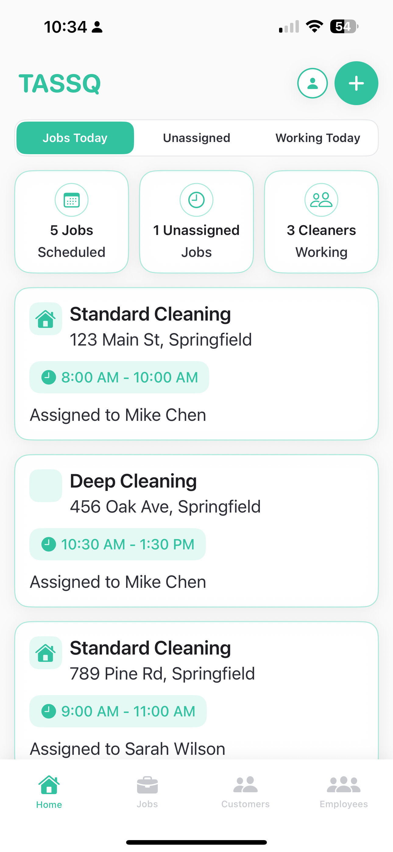TASSQ app home screen showing job scheduling dashboard with 5 jobs scheduled, 1 unassigned, and 3 cleaners working